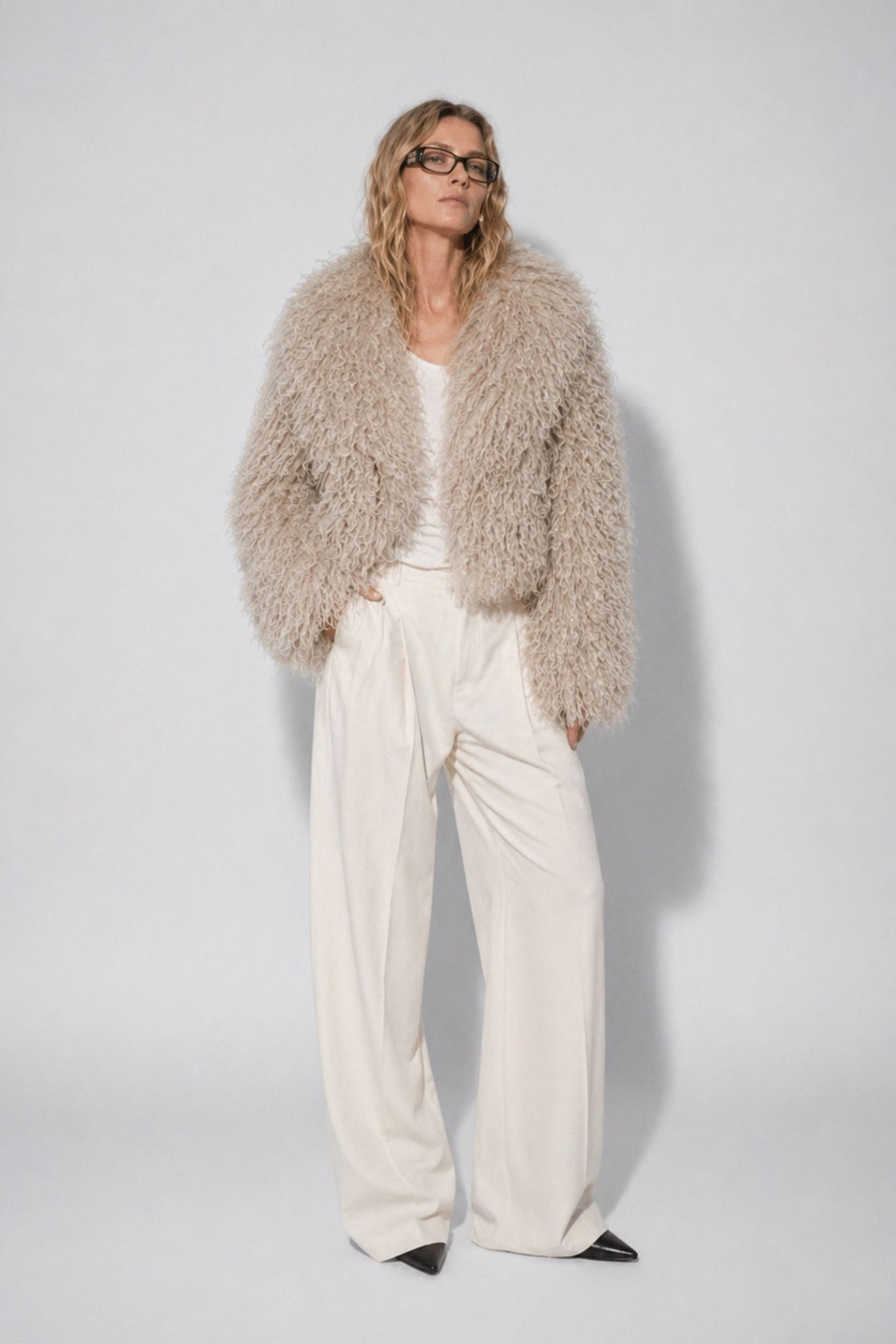 Stone Taupe Mongolian lambswool fur jacket for women by TOMBE STUDIOS