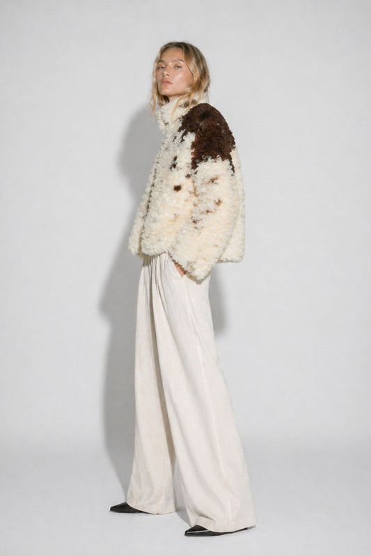 Shearling sheep wool jacket for women with contrast texture by TOMBÉ STUDIOS 