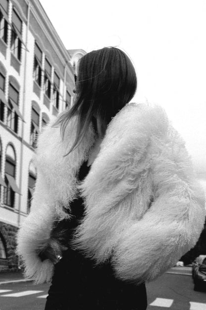 Mongolian lambswool fur jacket for women streetstyle by TOMBE STUDIOS