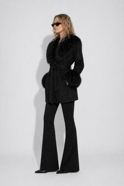 Black cashmere wool jacket with Mongolian cuffs and collar by TOMBE STUDIOS